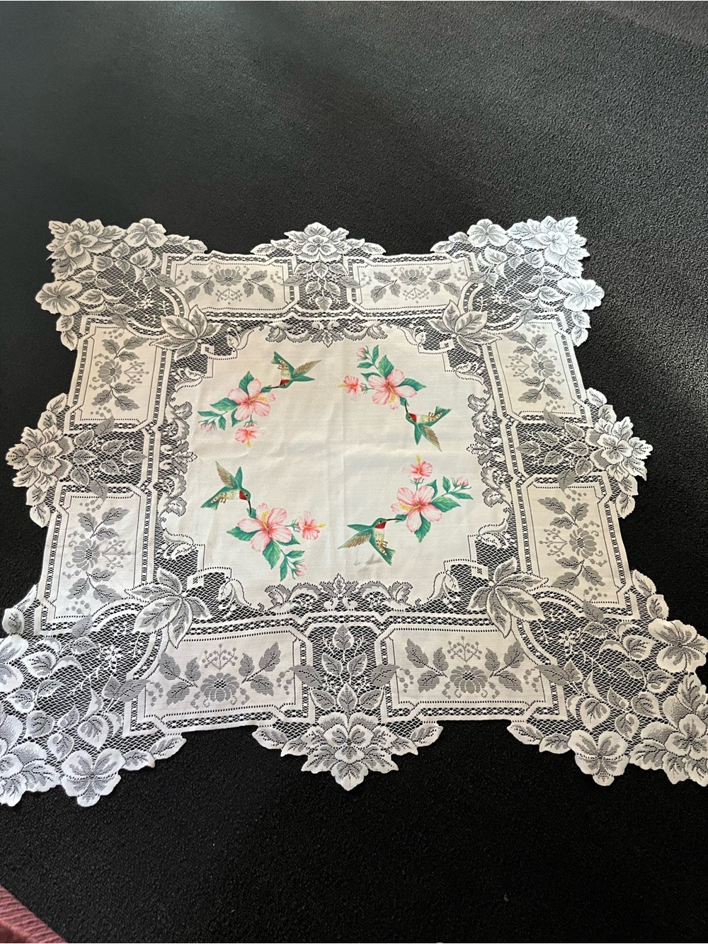 Heritage White Lace Table Cover with Pink Flowers & Green Leaves
